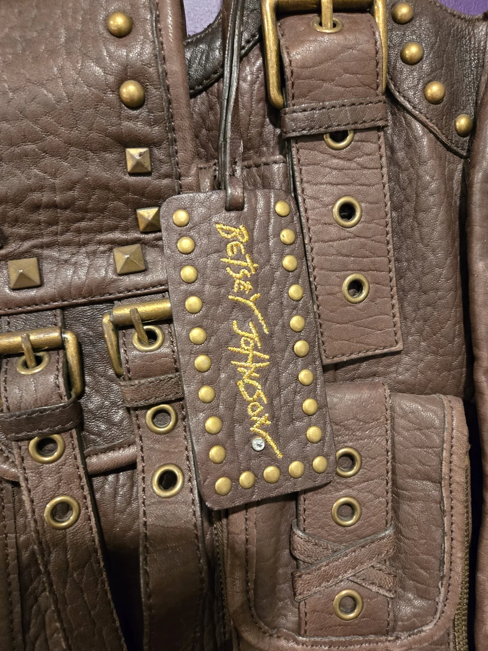 Betsey Johnson Brown Stud-Embellished Leather Shoulder Bag